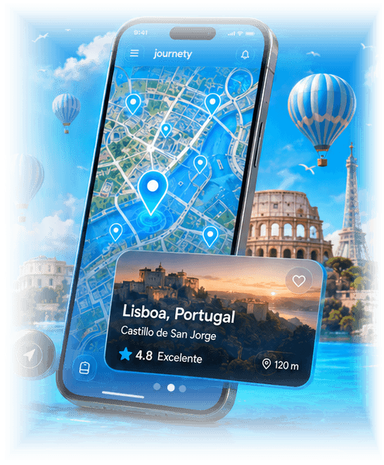 Teléfono con el mapa de Journety en Lisboa, rodeado de monumentos, globos aerostáticos y agua iluminada